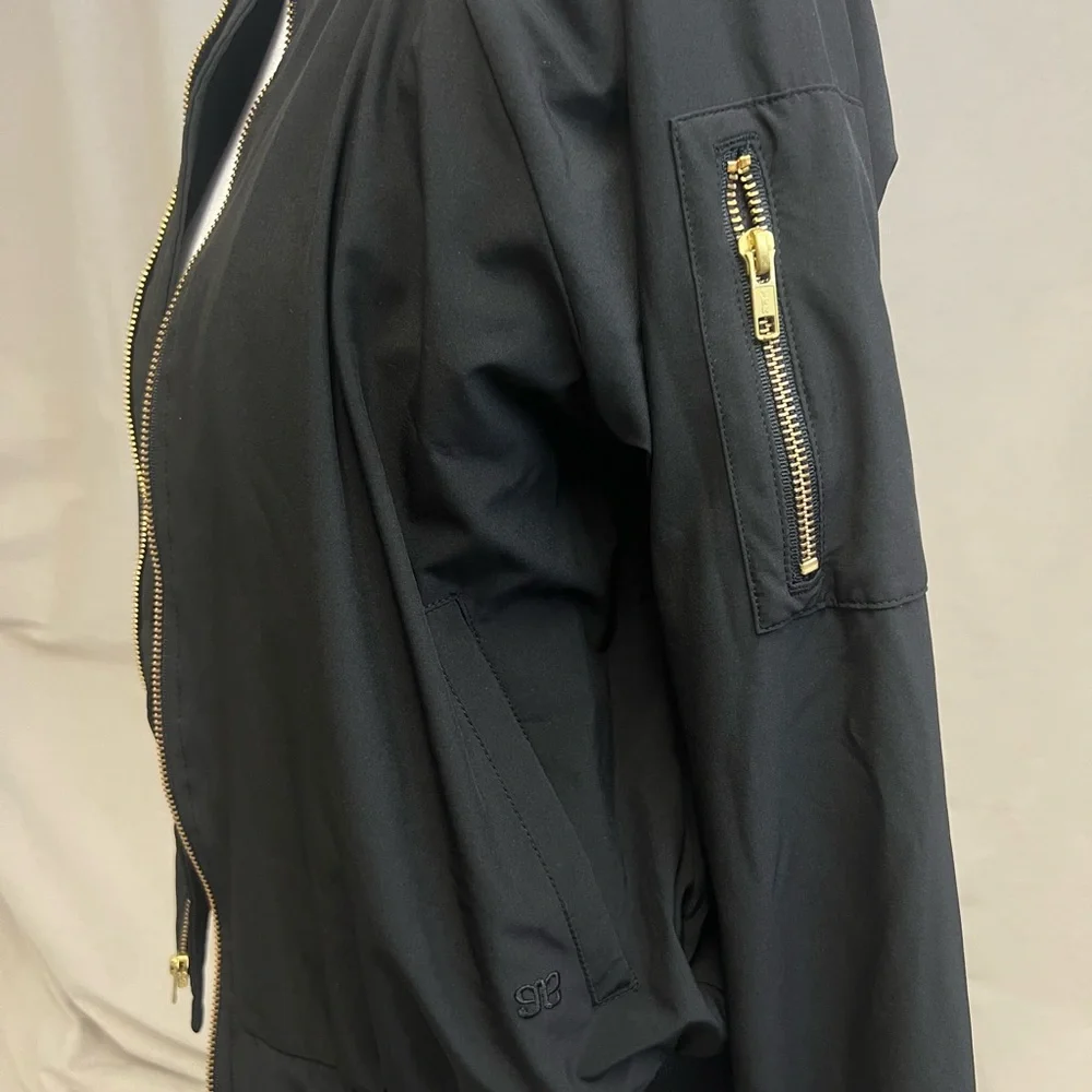 Alibon Fit Women’s Black Bomber Jacket Sz M Gold Zipper Athleisure Retro Travel - Picture 4 of 9